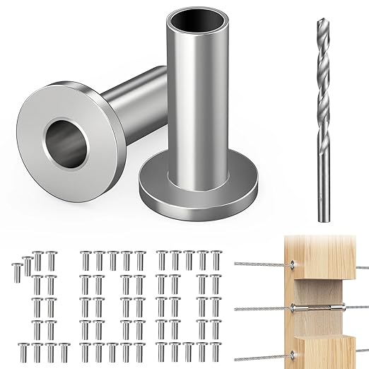Steel DN Mate 100 Pack Stainless Steel Protector Sleeves for 1/8" 5/32" or 3/16" Cable Railing, Cable Protector Sleeves for Cable Railing System,T316 Cable Railing Hardware with a Drill Bit, DE100