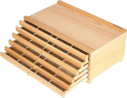 MEEDEN 6-Drawer Artist Supply Storage Box - Portable Foldable Multi-Function Beech Wood Artist Tool & Brush Storage Box with Compartments & Drawer for Pastels, Pencils, Pens, Brushes, Stamp