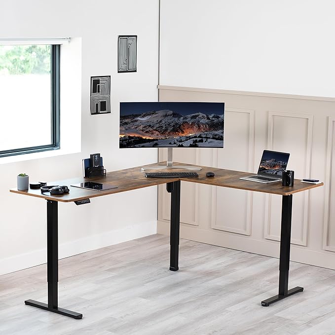 VIVO Electric Corner 75 x 63 inch L-Shaped Standing Desk, Memory Height Adjustment, Rustic Vintage Brown Top Black Frame, DESK-E3CTN-75