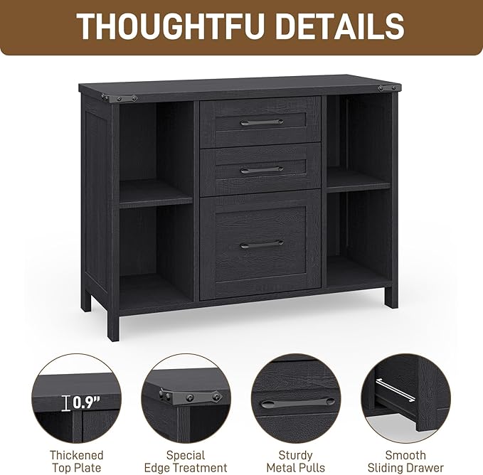 Vabches File Cabinet with 3 Drawers, Farmhouse Lateral File Cabinet Fits Files Letter/A4 Size, Wooden Filing Cabinet with Adjustable Shelves Printer Stand for Home Office, Black
