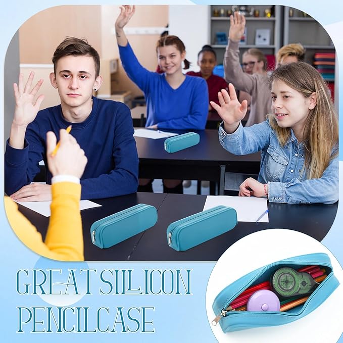 Feifeiya 8 Pcs Silicone Pencil Case Pen Zipper Pouch Bags Aesthetic Back to School Gifts Stationery Travel Toiletry Makeup Coin Organizer Waterproof Valentines Galentines Party Favors (Blue)