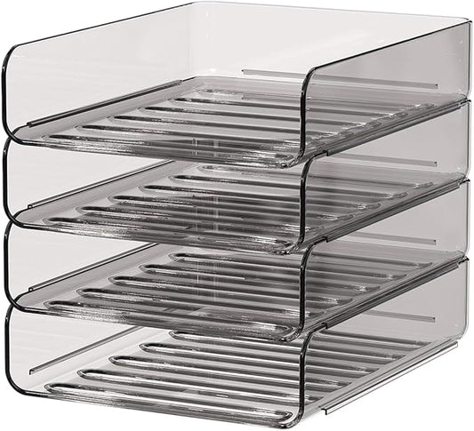 FANXIYQ Clear Paper Organizer - Brown Acrylic Stackable Paper Tray for Desk, 4-Tier Letter Tray Organizer with Smooth Edges and Rounded Corners