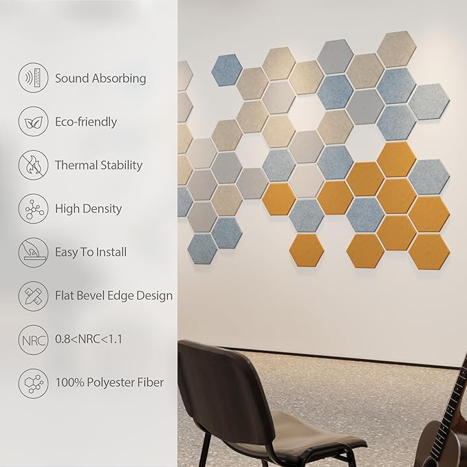 Amantech 12 Pack Acoustic Panels Self Adhesive Sound Proof Foam, High Density Sound Acoustic Foam Panel, 12X10.23X0.4 Inch Hexagon Wall Panels in Home,Office,Reccording Room,Studio(Blue Gray)
