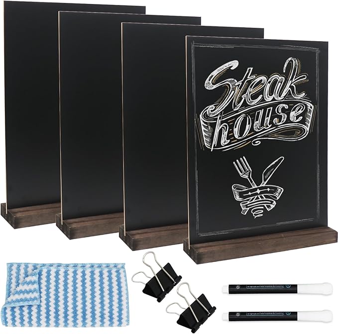 GUKBIAY Tabletop Chalkboard Sign with Base Stand 4 Pack 8.5 x 11 Inch Double Side Standing Menu Boards Food Signs for Party Buffet Wedding Bar Restaurant Food