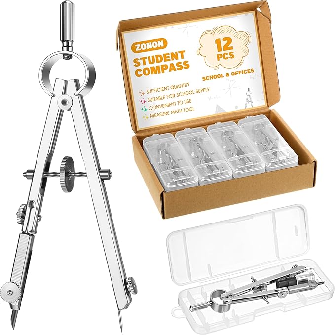 Zonon 12 Pcs Compass for Geometry Compass Bulk for Classroom Math Students Protractor for Art Compass Precision Tool with Pencil Back to School Supply for Office Art Drafting Drawing Wood Working