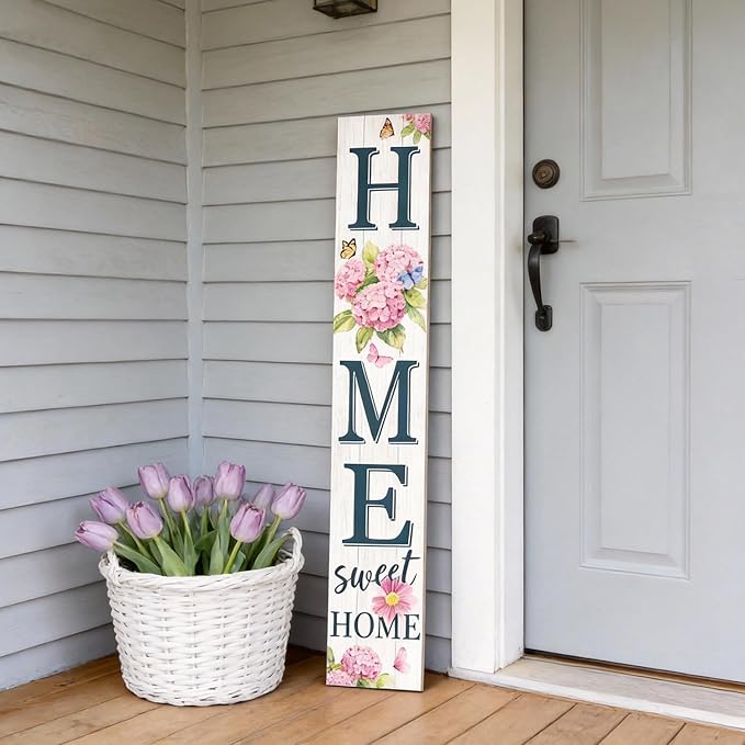 Home Sweet Home Welcome Sign for Front Porch, 47" Wood Framed Porch Sigh Spring Hydrangea Flower Decorations with Hanging Rope, Farmhouse Yard Signs Home Decor for Outdoor Patio Easter Gift
