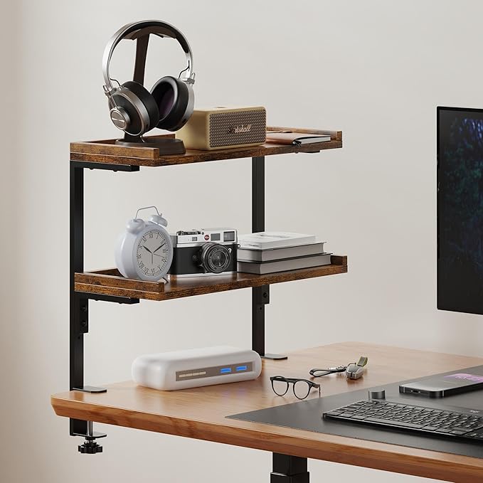 ART-GIFTREE Clamp On Desk Shelf 2-Tier, 16.5 in Wood Shelving Unit for Office Desk/Gaming Accessories, Tabletop Book Storage Rack, Shelf for Top of Desk, Brown