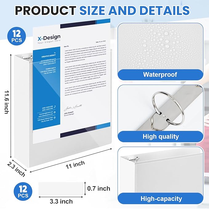 Henoyso 12 Pcs 3 Ring 2 Inch Binders Fits 8.5 x 11 Inch Letter Size Paper, Plastic White Flexible Binders with View Cover and 2 Pockets, 375 Sheets Capacity for Office School