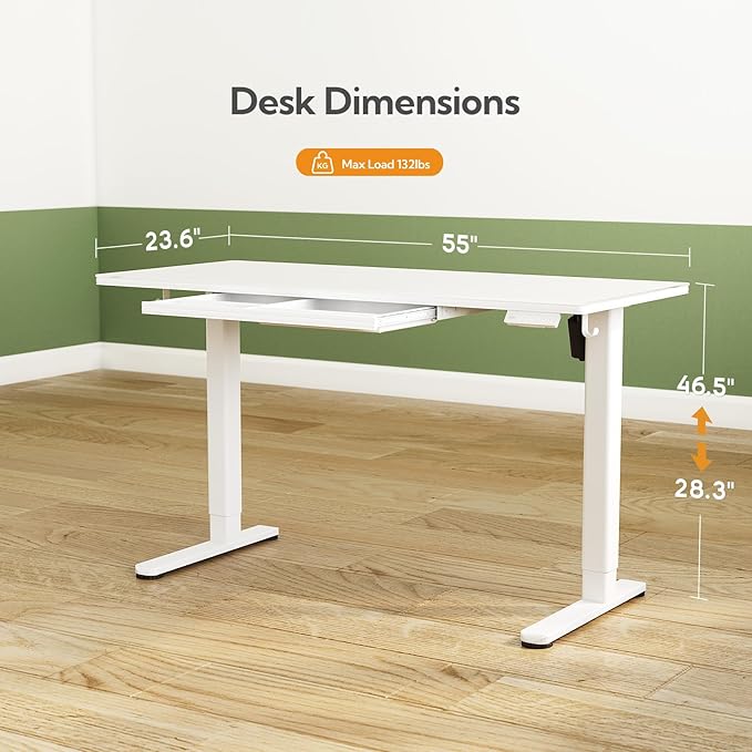 INNOVAR Glass Standing Desk with Drawers, 55 x 24 Inches Electric Height Adjustable Desk, Tempered Glass Top Stand Up Desks for Home and Office, White