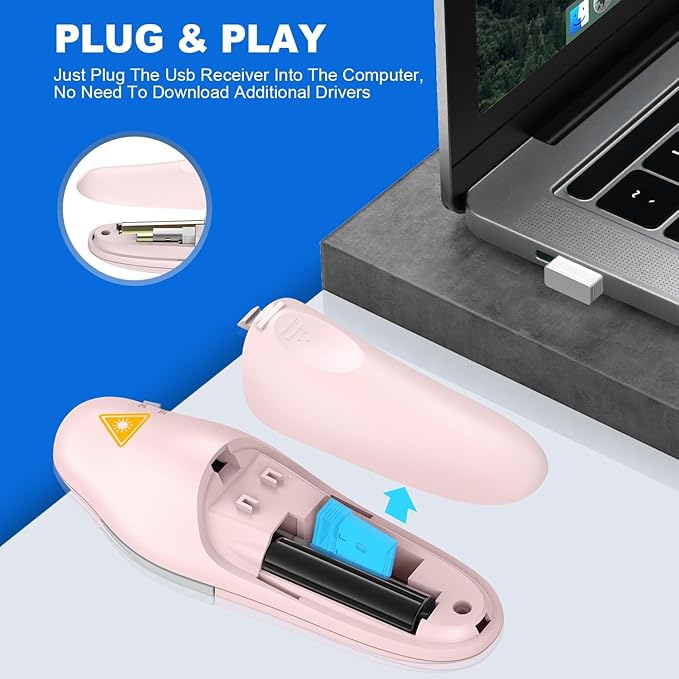 QUI Presentation Clicker Wireless Presenter Remote Clicker for PowerPoint Presentation Remote, PowerPoint Slide Advancer for Mac/Windows/Linux, Google Slide/PPT/Keynote, USB A, Pink