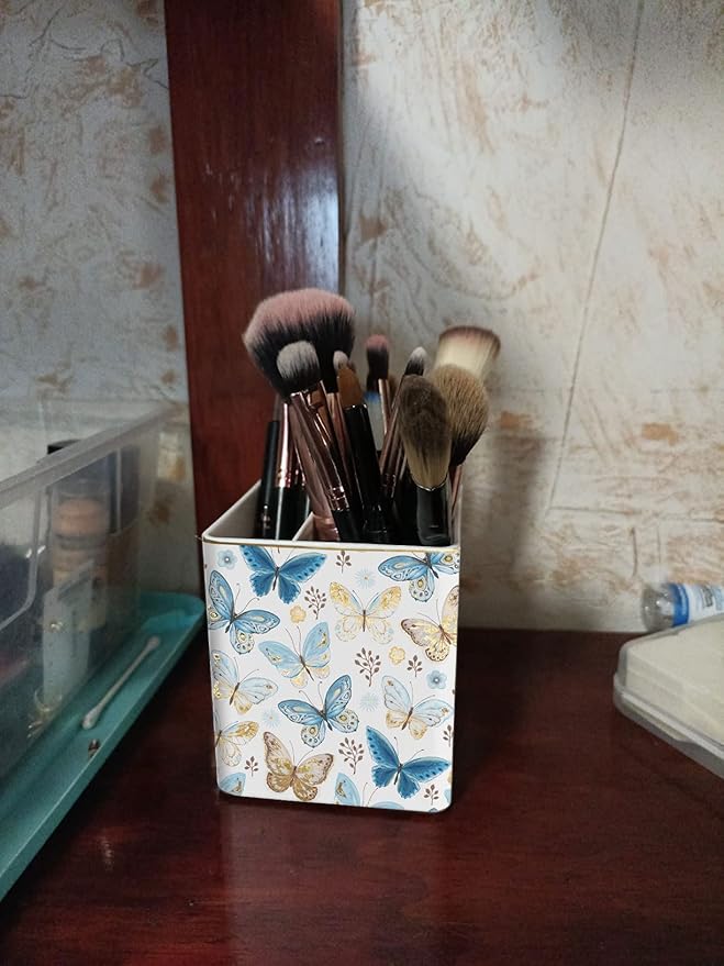 LEAZUL Pen Pencil Holder, Makeup Brush Holder,Ceramic Remote Control Holders Organizer with 2 Compartment Floral Multi-functional Office Organizers Storage Caddy Desk Tv Remote Holders Shiny Butterfly