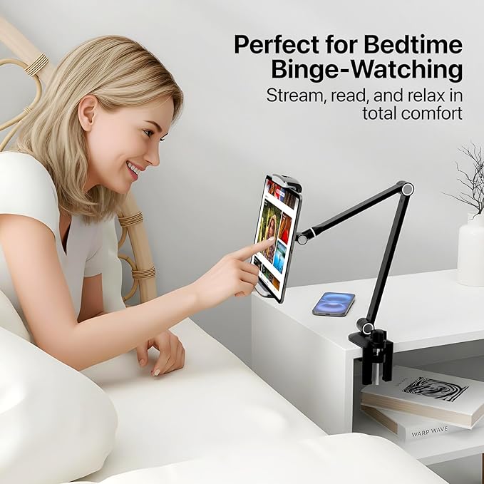Tablet Stand Holder-Adjustable iPad Desk Mount with 360° Rotating Base for 6.3-16" Devices-Foldable Aluminum ipad Arm Mount for Desk,Bed,Kitchen-Compatible with iPhone,iPad,Tablet,Portable Monitor