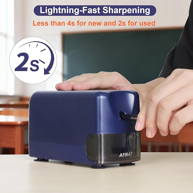 AFMAT Electric Pencil Sharpener, Cordless & Rechargeable, Heavy Duty Classroom Pencil Sharpeners for 6-11mm Pencils, Auto Stop, 2s Fast Sharpening, Battery Powered, 10,000 Sharpenings, Blue, PSD3