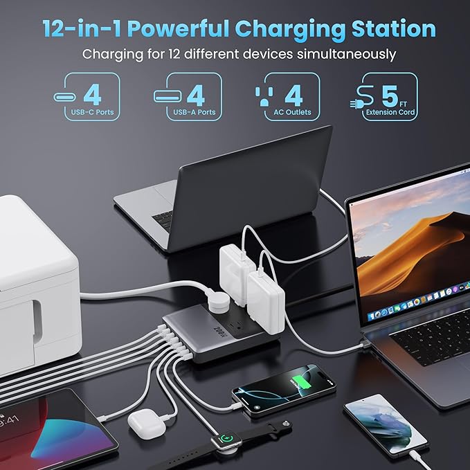 12-in-1 Charging Station USB C Power Strip with 5ft Cord and Plug,200W GaN IV USB C Charger Block,4 AC Outlets,8 USB for MacBook,iPhone 17/16/15,Fast Charging Desktop Charger for Office,Home