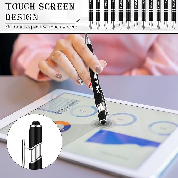 Zonon 12 Pcs Inspirational Pens Bulk Funny Ballpoint Pen with Stylus Tip Motivational Gifts for Valentine's Day Teacher Coworkers Nurse School Office Supplies(Black,Bible Style)