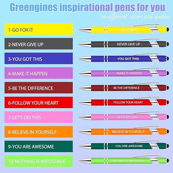 Greengines 10 Pcs Inspirational Pens Bulk, Motivational Ballpoint Pen with Stylus Tip Funny Ink Pens in Bulk Inspirational Gifts for Women Coworkers Office Supplies Black Ink…