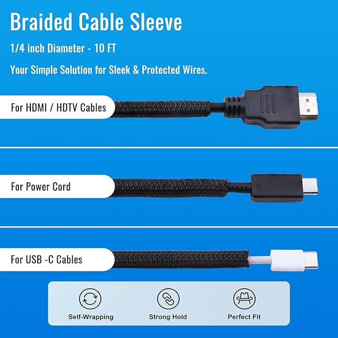 Flauzmann 1/4" Braided Cable Sleeve - 10Ft Cat Cord Protector Split Wire Loom Tubing Flexible Self Wrapping for USB, Audio, Automotive Cord, Dog Chew Proof Cable Protector - Black