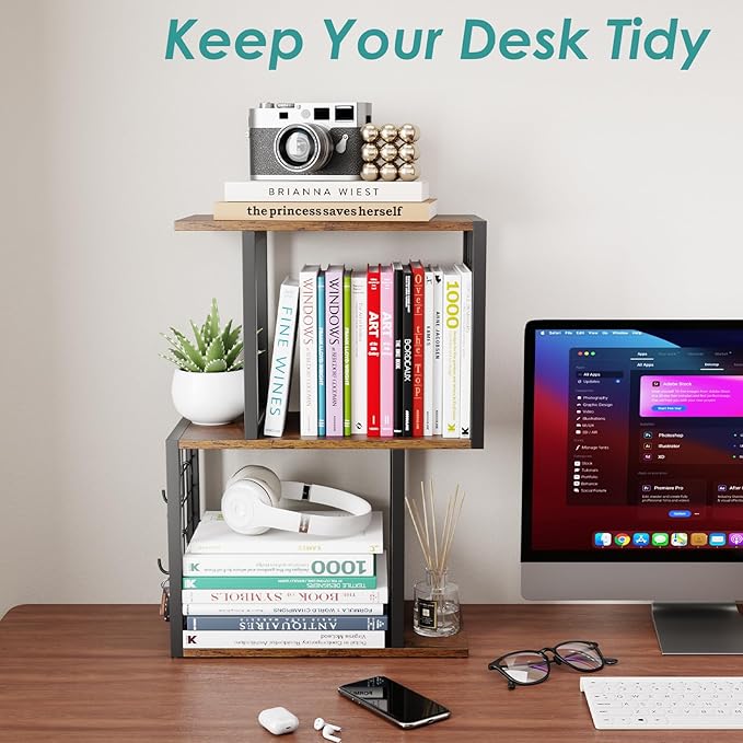 Vfelf Desktop Bookshelf,3-Tier Desk Organizer Shelf with Hooks Desk Organization Deals for Office Storage Rustic Brown