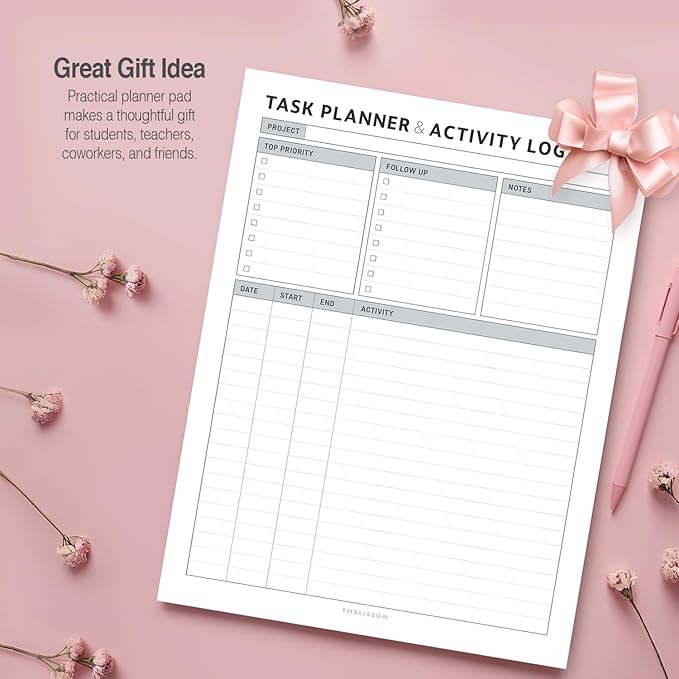 Task Planner & Tracker 8.5 x 11 Tear-Off 70 Sheet Planner Pad – Project Organizer with Time Log, Top Priority, Follow-Up – Notepad for Home & Office (White, Classic, 1 Pack)