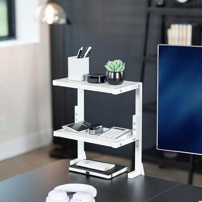VIVO Clamp-on 13 inch Above or Below Desk 2-Tier Shelving Unit for Table Accessories, Gaming Devices, and More, Storage Tray, Desktop Organizer, White, STAND-SHELF2CW