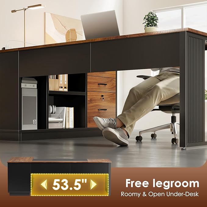 AODK 71 Inch Executive Desk, L Shaped Desk with Drawers and File Cabinet, Large Office Desk with Storage Shelves, Corner Computer Desk for Home Office, Walnut + Black