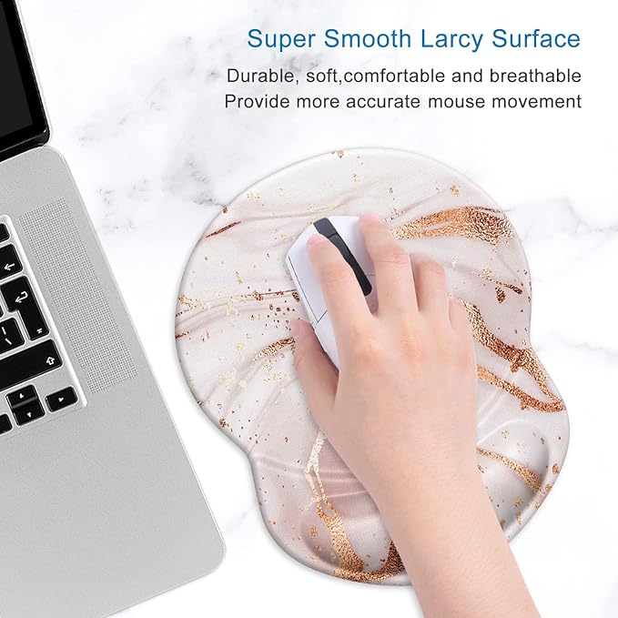 ITNRSIIET Ergonomic Mouse Pad with Gel Wrist Support Small Wrist Rest Smooth Surface Non-Slip PU Base Comfortable Office Supplies Pain Relief, 8.7 x 7.2 inches, Rose Gold Marbling
