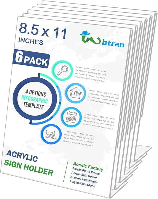 Wbtran Acrylic Sign Holder 8.5 x 11, 6 Pack Slanted Back Sign Holders for Display, Clear Tabletop Plastic Paper Sign Holder for Office, Home, Restaurant