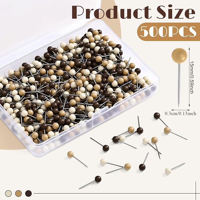 WILLBOND 500 Pack Map Push Pins Map Tacks Small Round Head Push Pins Thumb Tacks for Travel Picture Photo Bulletin Board Wall DIY Craft School Office Home(Beige, Khaki, Brown,1/6 Inch)