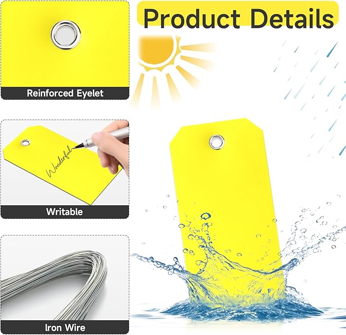 500 Pieces Plastic Shipping Tags with Wire Waterproof Hang Tags Heavy Duty Labeling Tags with String Wires Tags Labels Labeling Tags Stacking Tags for Equipment Car Parts (Yellow, 4 3/4 x 2 3/8)