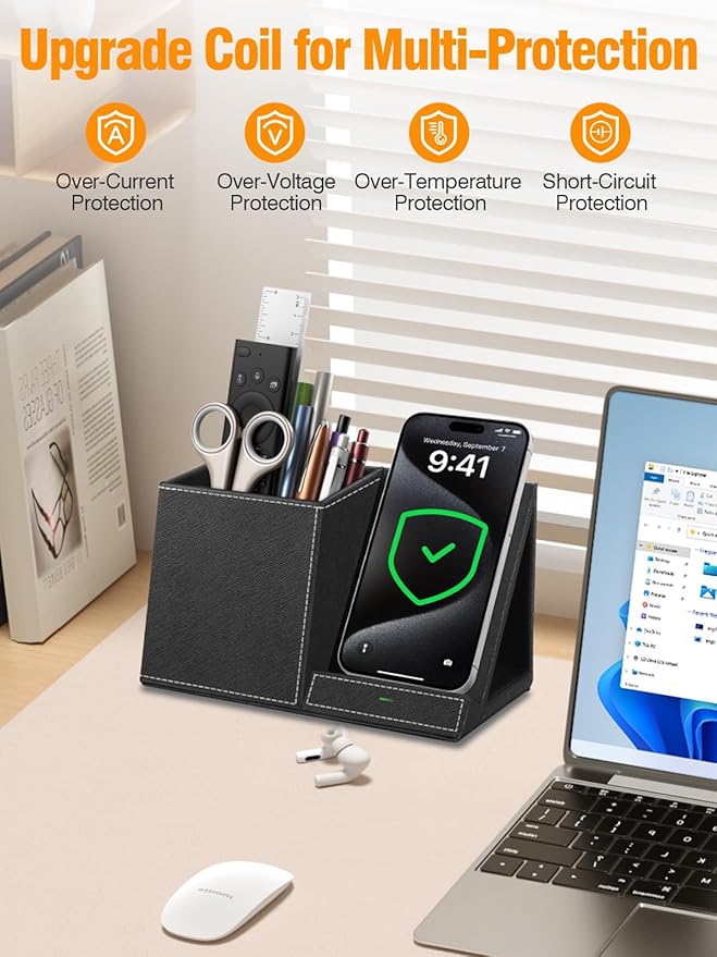 TopMade Wireless Charger with Pen Pencil Holder, Leather Mltifunctional Desk Nightstand Organizer, Fast Charging Station Remote Control Holder, Office Supplies Desk Accessories, Gifts for Men(Black)