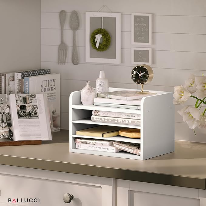Ballucci File Organizer, 4-Tier Office Desk Organizer, Open Top Wood Paper Organizer for Classroom, Mail Sorter Paper Tray with Adjustable Storage Shelves, White