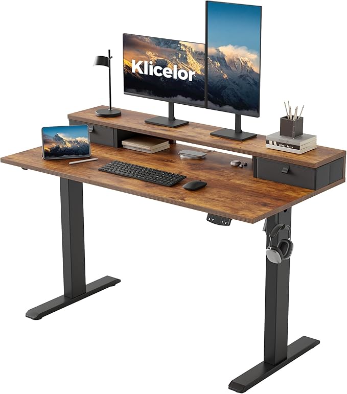 Klicelor 48 Inch Electric Standing Desk with Drawers, Adjustable Height Small Sit Stand Desk for Home Office, Compact Computer Workstation with Storage– Rustic Brown