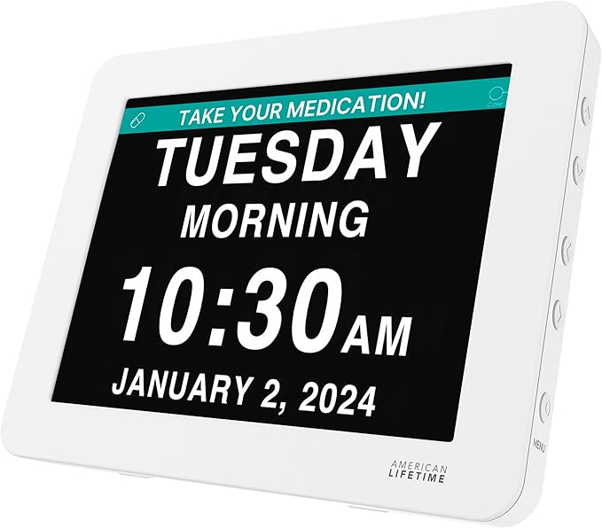 American Lifetime New 2026 Dementia Clock Large Digital Clock for Seniors, Alzeimer Clock Large Display with Custom Alarms, Clock with Day & Date for Elderly, Digital Calendar Premium White Pro