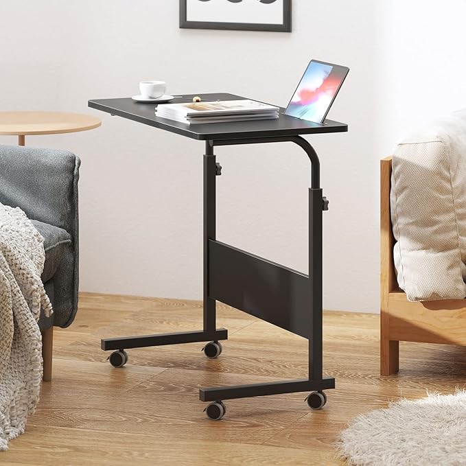 DlandHome Mobile Bed Table 31.5 Inch, Adjustable Side Table Laptop Computer Stand Desks with Tablet Slot Cart Tray Wheels,Black#2