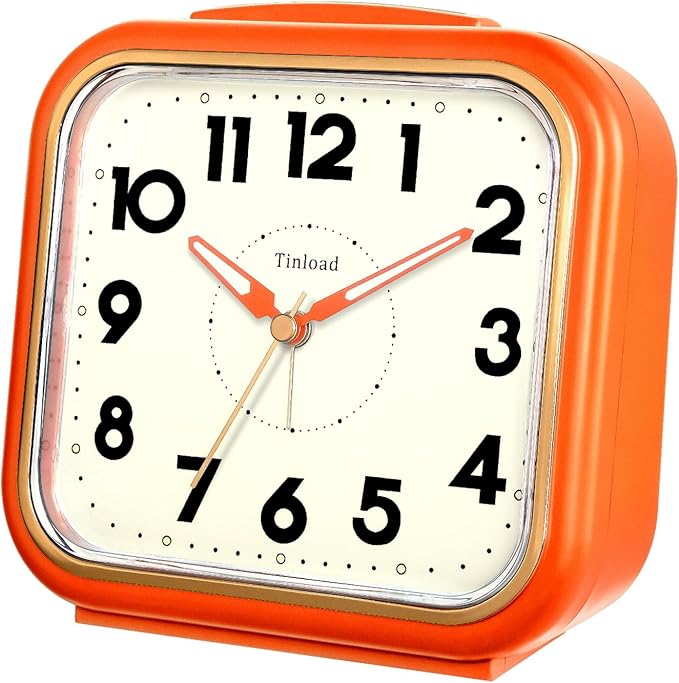 Tinload 5.5" Large Analog Alarm Clock • Silent Non Ticking • Gentle Wake • Beep Sounds • Increasing Volume • Battery Operated Snooze and Manual Light • Retro Orange