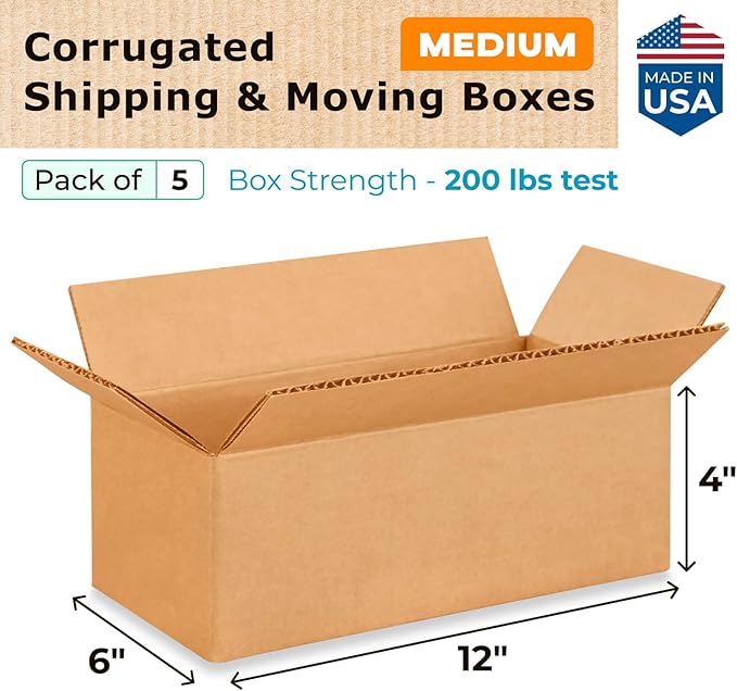 Medium Moving & Shipping Boxes 12 x 6 x 4 inches (5-Pack) - Extra Strength 200 lb vs Regular - Corrugated Boxes for Packaging, Made in USA - Shipping Box - Cardboard Shipping Box by IDL Packaging