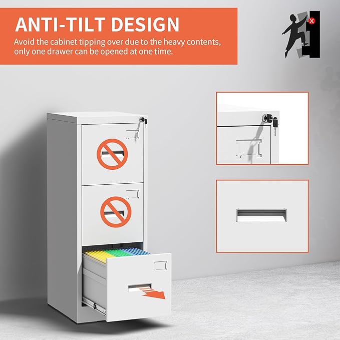 OPTYMIRA 3 Drawer Metal File Cabinet with Lock,White Steel Filing Cabinets Heavy Duty Locking Vertical File Cabinet Home Office Storage Cabinet for Legal/Letter Size File,Assembly Required