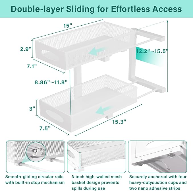 Beleeb Under Sink Organizer, 1 Pack 2 Tier Metal Slide Out Pull Out Cabinet Organizer Shelf, Height Adjustable Organization and Storage Series, Bathroom/Desktop/Cabinet/Kitchen organization, White