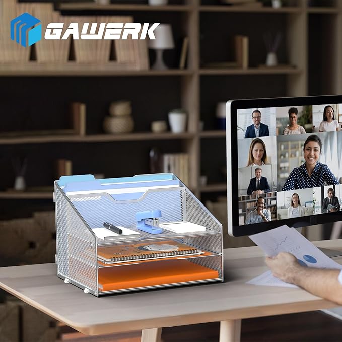 GAWERK Letter Tray Organizer, Mesh Desk File Organizer with 3 Paper Trays and 2 Vertical Upright Section (Silver)