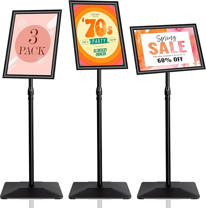 VAIIGO 3 Packs Heavy Duty Pedestal Poster Sign Stand, 11"x17" Adjustable Floor Standing Sign Holder with 6.6Lbs Solid Steel Base for Vertical and Horizontal View Sign Displayed Stands, Black