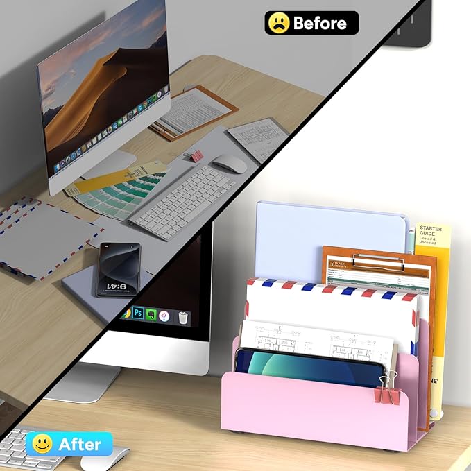 OUTIOE Mail Organizer Countertop, Small Desk File Organizer, Metal File Holder - Essential Workspace Organizers for Office Desk, Home Office (Pink)