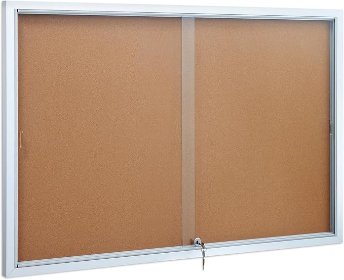 SWANCROWN Glass Enclosed Bulletin Board 48"x32", Locking Cork Board with Sliding Glass Doors for Indoor Use