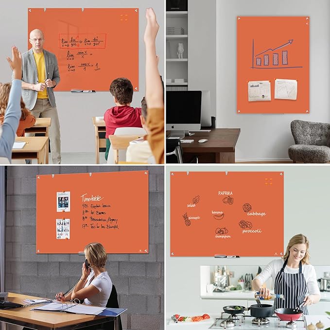 TSJ OFFICE Glass Dry-Erase Board - 48 x 32 Inches Wall Mounted Glass Whiteboard, Large Frameless Magnetic White Board for Office, Home & School, Orange