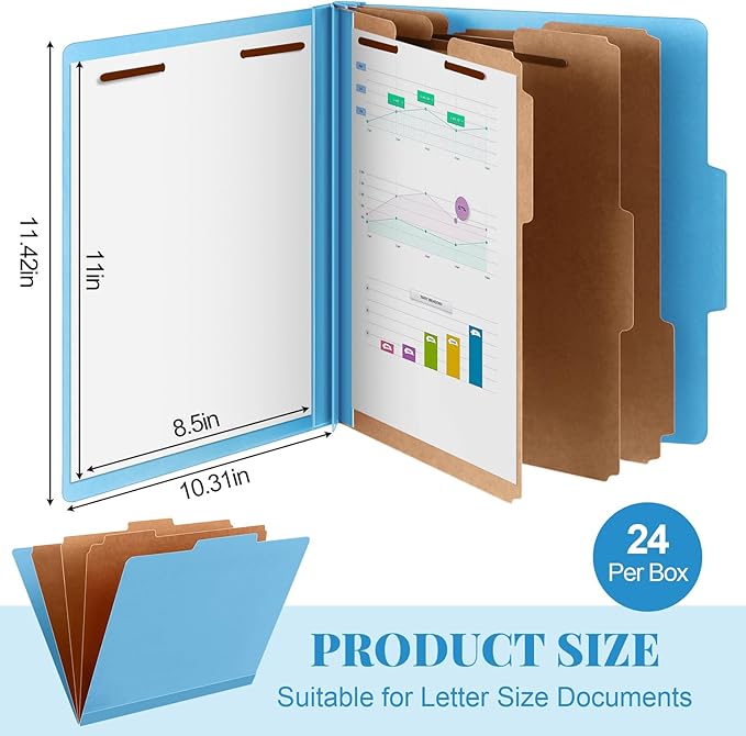 Skyygemm 24 Pcs Classification Folders Letter Size, 3 Divider Pressboard File Folder with Fasteners, Expanding File Organizer Bulk for School Teachers, Office Employee, Coworker, Staff (Blue)