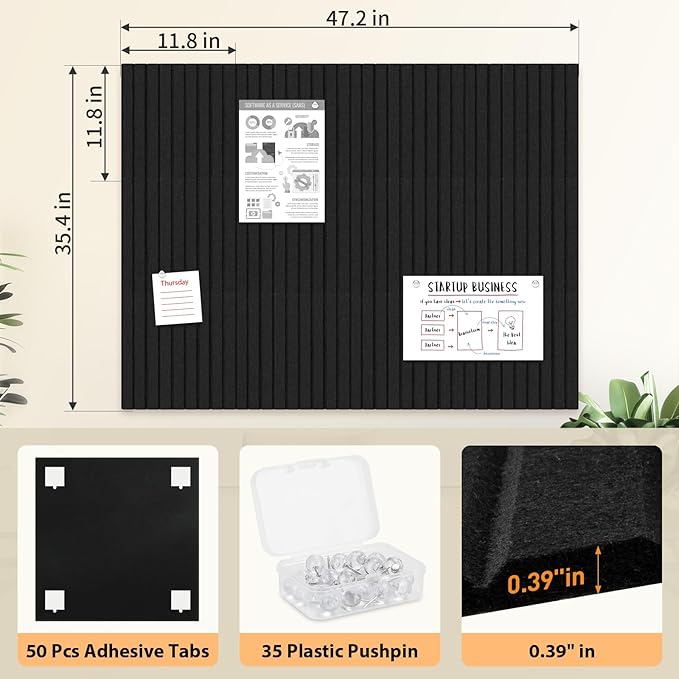 Smarpau Large Cork Board for Walls, 48"x36" Bulletin Board, 12 Pack Slat Felt Wall Tiles with Pushpins Removable Security Tabs, Pin Board for Office Wall Organizer Protector -Black