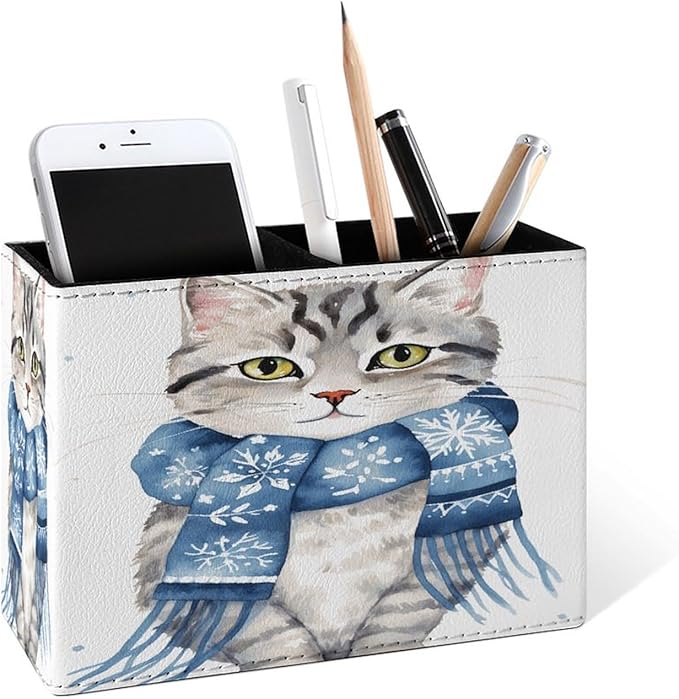 Famame Winter Scarf Cat Pencil Holder for Desk, Leather Desktop Container Pen Cup Storage Study Table Pen Organizer Makeup Brush Holder for Classroom Office Home
