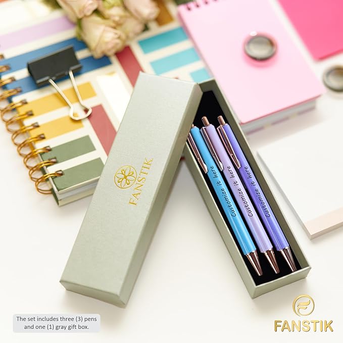 FANSTIK Customized BallPoint 3-pack pens set with name (MADE IN USA), Fancy Pen Set for Women, Thank you gift for woman, Luxury engraved pens personalized for women, (BallPoint Fancy Set)