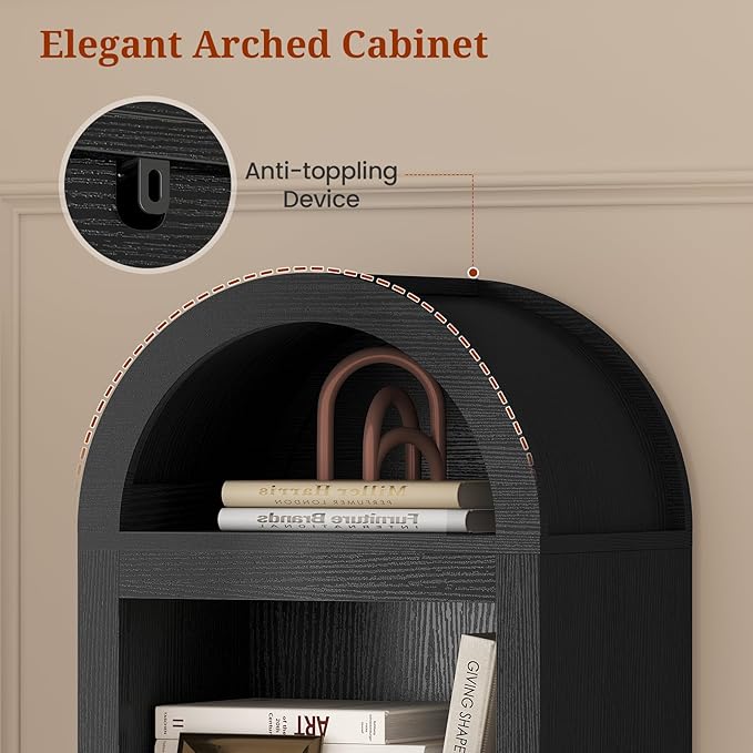 UPOSOJA 76" Tall Narrow Arched Bookcase,7-Teir Mid-Century Modern Bookshelf,Adjustable Shelves offering More Storage Space for Living Room,Kitchen,Home Office,Black
