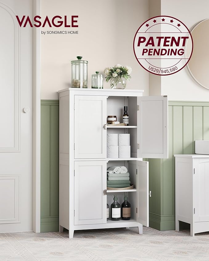 VASAGLE Floor Storage Cabinet, Freestanding Storage Unit with 4 Doors, Adjustable Shelves, 11.8 x 23.6 x 43.3 Inches, for Entryway, Bathroom, White UBBC552P31