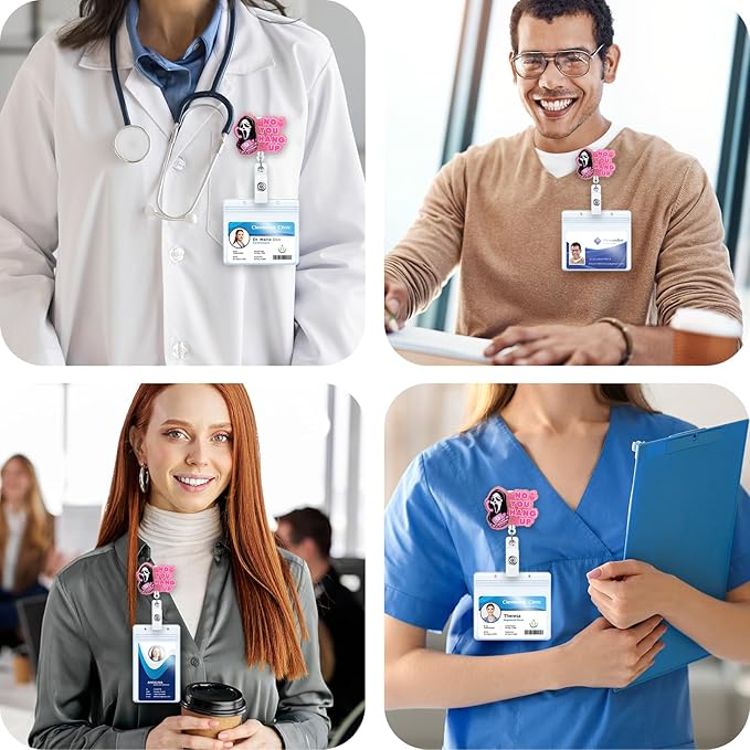 BVIIE No You Hang Up Funny Ghost Badge Reel, Retractable ID Card Pink Badge Holder, Name Tag Medical Work Badge Clip for ED ICU Surgery Nurses Station RN MA CNA ER Night Shift Nurse Doctor